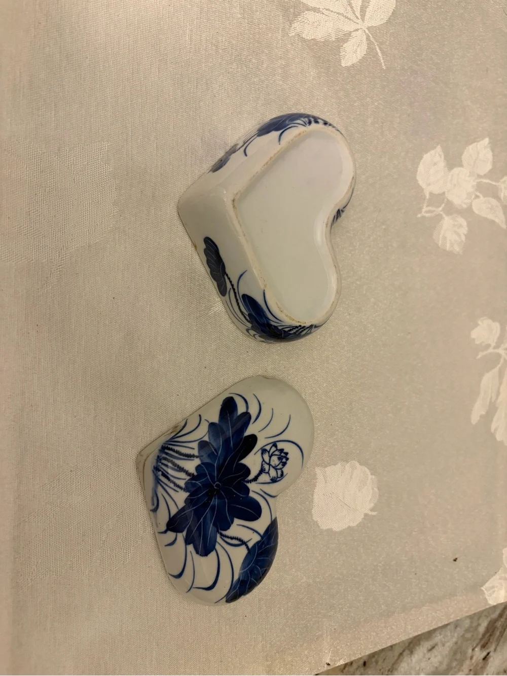 Vintage Blue and White Heart-Shaped Porcelain Trinket Box - Floral Design